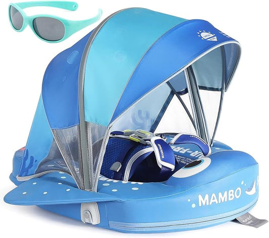Mambobaby Float with Canopy and Tail New Upgraded Non-Inflatable Baby Pool Float Mambo Float Swim Trainer Solid Infant Swim Float Adjustable Pearl Foam Baby Swim Ring