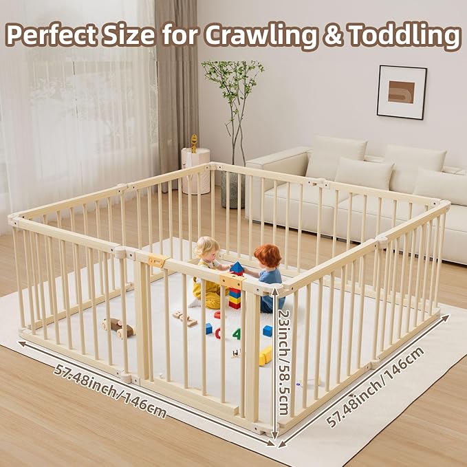 Baby Playpen, Wooden Playpen for Babies and Toddlers, Foldable Play Yard with Gate, 8 Panels Baby Fence, Indoor Play Area, Child Activity Center