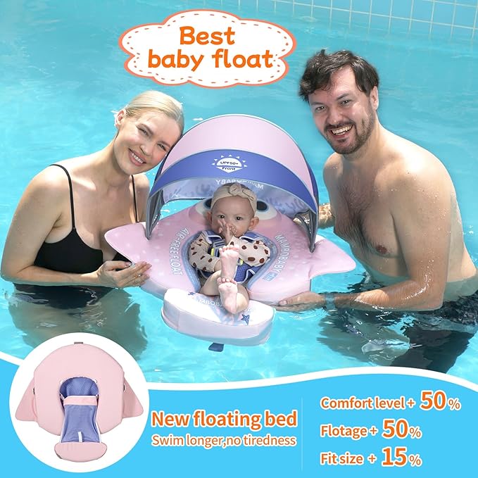 Mambobaby Float with Canopy and Tail New Upgraded Non-Inflatable Baby Pool Float Mambo Float Swim Trainer Solid Infant Swim Float Adjustable Pearl Foam Baby Swim Ring