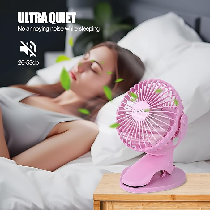 Portable Clip Fan Battery Operated,3 Speeds USB Rechargeable Mini Table Fan with Strong Airflow,360°Rotation Ultra Quiet Personal Desk Fan for Home Office Bedroom Dorm Stroller Camping- Pink