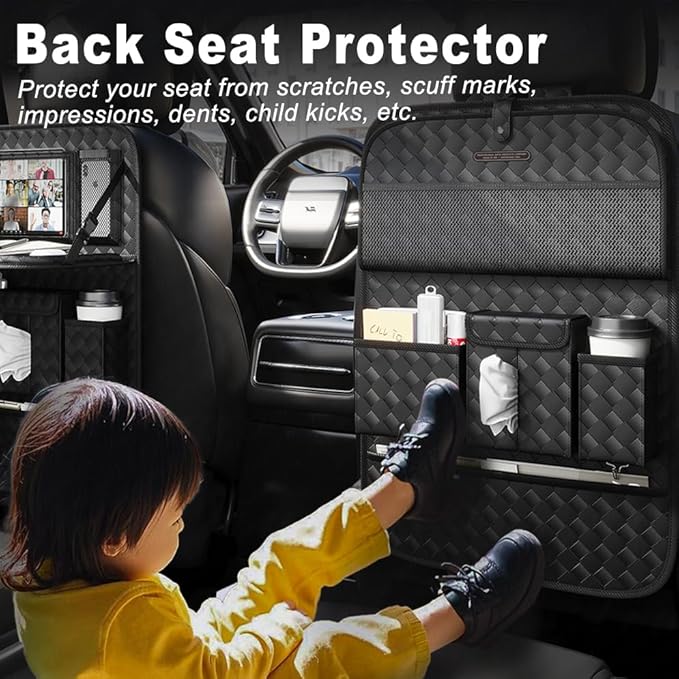 Car Seat Organizers,Multi-functional Back Seat Protectors, Storage Pouches, and Tray Holders (for Cars, Kids, Seat Back and Rear Seats) (Woven Black, 2 Pcs)