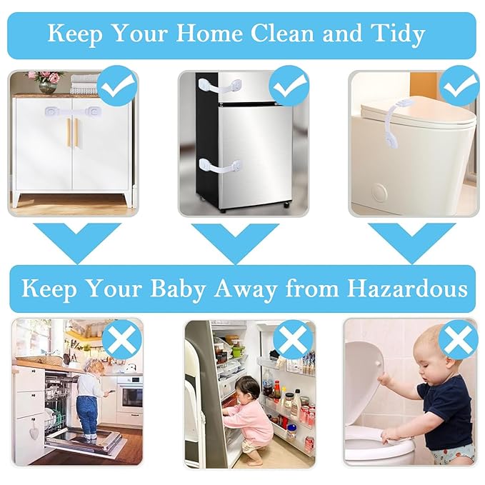 Fursafe&Q Baby Cabinet Locks, Child Safety Cabinet Proofing -Child Safety Strap Locks Adhesive Drawer Fridge Ovens Door Toilet Latches No Drill Multi-Purpose for Furniture Kitchen Lock (White, 6Pack)