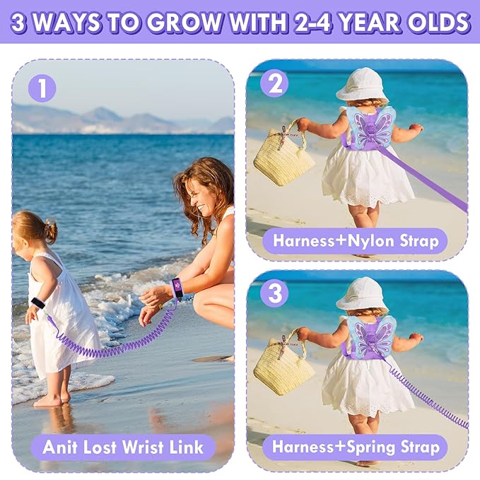 Lehoo Castle Toddler Leash for 1-5 Years, Baby Safety Harness for Girls with Anti-Lost Key Lock & Adjustable Strap, 3-in-1 Wrist Leash and Kids Backpack Harness for Walking Travel (Purple Butterfly)