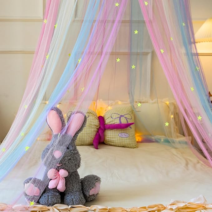 Rainbow Bed Canopy with Glow in The Dark Stars,X-Large Princess Rainbow Bed Curtains Mosquito Netting for Girls Bedroom,Kids Fairy Dream Play Hanging Canopy Tent for Room