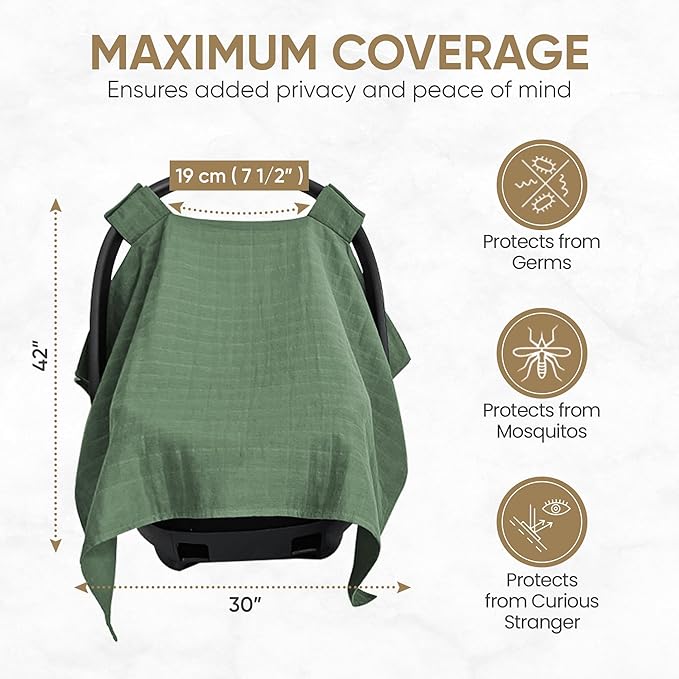 MOZAH Baby Car Seat Cover - Roman Green - 100% Organic Muslin - Soft, Breathable and Lightweight, Baby Infant Car Seat Essentials