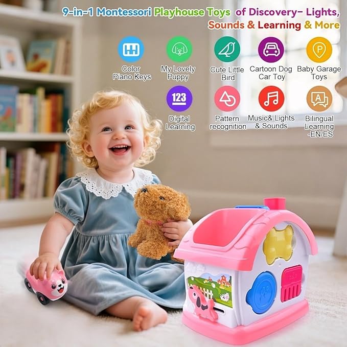 Toys for 1+ Year Old Girls – 9-in-1 Montessori Musical Toddler Activity House with Lights, Sounds, Bilingual Learning, Ideal 1st Birthday Xmas Gifts for Girls Ages 1 2 3
