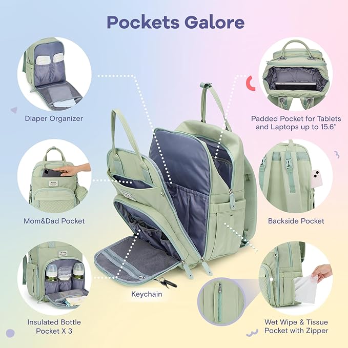 RUVALINO Diaper Bag Backpack, Multifunction Travel Pack Maternity Baby Changing Bags, Large Capacity, Waterproof, Light Green