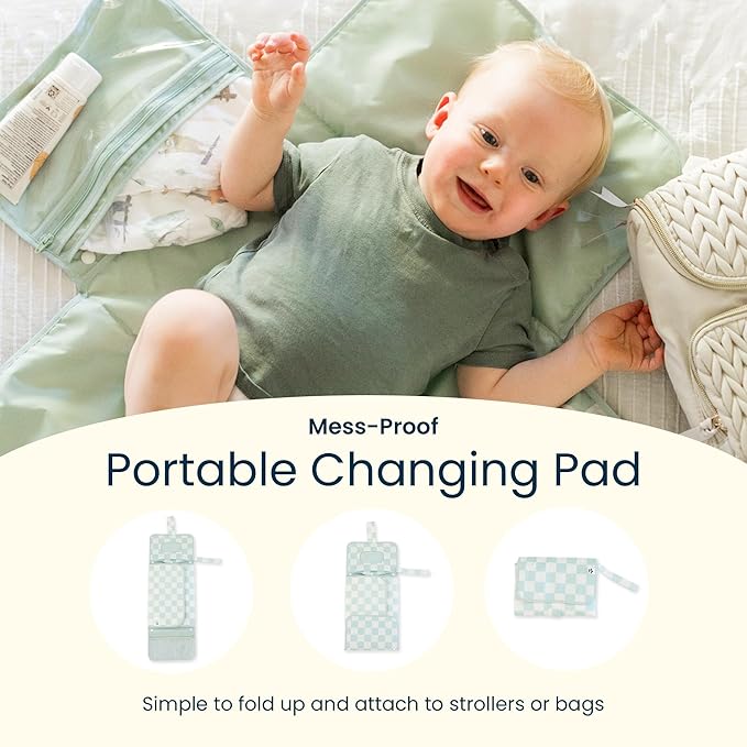 Tiny Twinkle Portable Diaper Changing Pad – Foldable, Waterproof & Compact Travel Changing Mat with Storage | Smart Wipes Pocket for On-The-Go Parents(Blue Checkers)