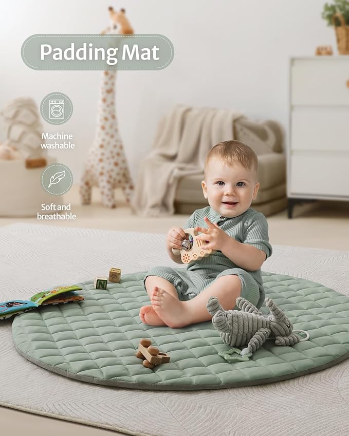 Blissful Diary Baby Play Gym Mat, Play Mat Activity Mat with 6 Detachable Toys for Stage-Based Sensory & Motor Skill Development, Easy to Install & Clean, Baby Essentials Gift, Sage Green