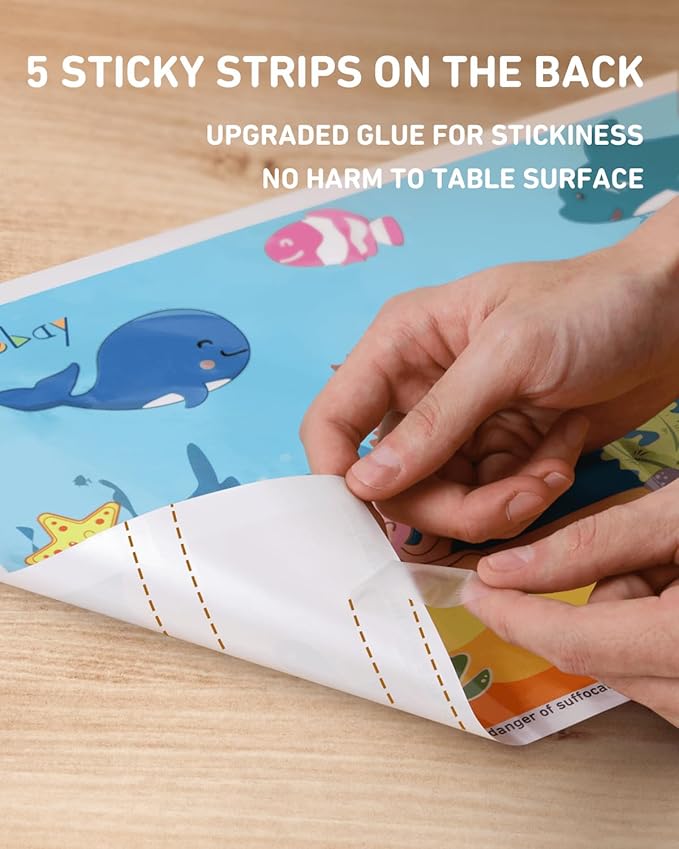 Disposable Stick-on Placemats 40 Pack for Baby & Kids, Toddler Placemats in Reusable Pouch 12" x 18" (Blue Ocean Life)