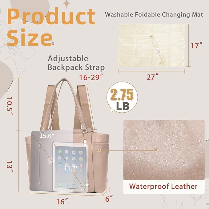 miss fong Diaper Bag Tote Leather Diaper Bag Backpack, Large Capacity Mommy Bag Hospital Bag, 12 Pockets Travel Diaper Tote with Changing Pad，Stroller Straps & Insulated Pockets for Mom & Dad-Khaki