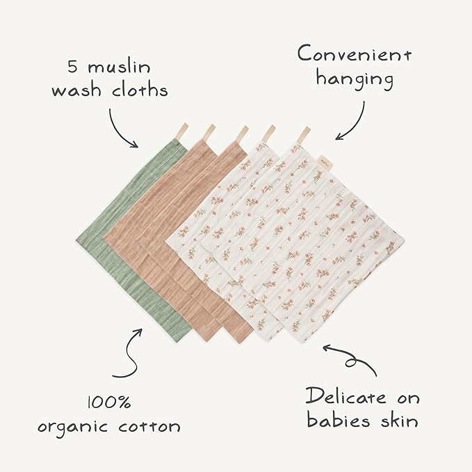 mushie Muslin Organic Cotton Washcloths 5-Pack (Retro Flowers Combo) | Soft Wipes for Baby Cleanups and Bathing
