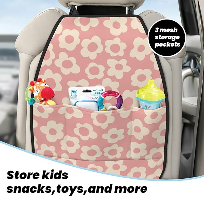 Vintage Groovy Flowers Car Kick Mats Back Seat Protector 2 Pack Auto Seat Back Covers with 3 Organizer Travel Accessories Universal Vehicle Interior from Dirt, Mud