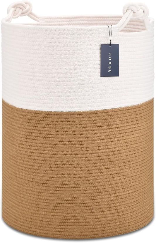 COMSE Extra Large Blanket Basket, Tall Woven Storage Basket, Nursery Hamper, 15.7”x 21.7”, Cotton Rope Laundry Hamper for Toys Clothes Towels, White/Camel