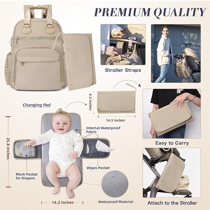 Diaper Bag Backpack, Baby Diaper Bag with 17 Pockets, Travel Baby Bag Backpack for Girl Boy, Large Diaper Bag with Changing Pad,USB Charging Port,Wet Dry Bag, Khaki