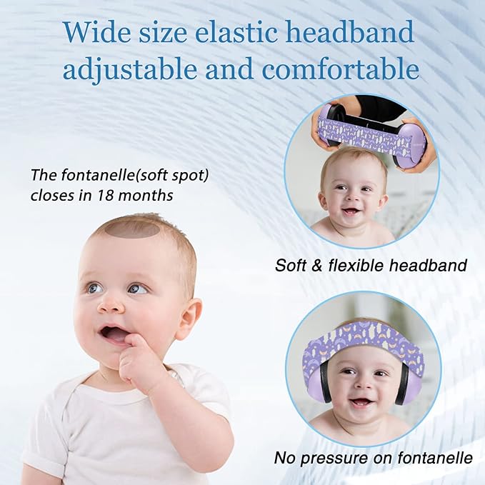 Infant Ear Protection Noise Cancelling Baby Ear Muffs, Toddler Hearing Protection with Adjustable Elastic Headband (Moon,Purple