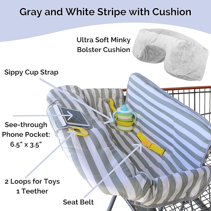 Suessie Shopping Cart Cover and High Chair Cover with Bolster Support Pillow (Gray and White Stripe with Cushion)