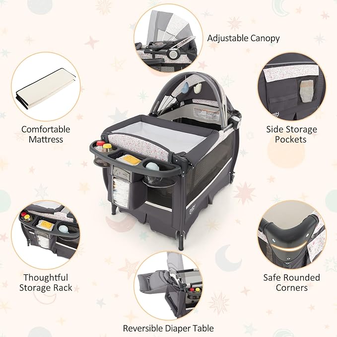 BABY JOY 4 in 1 Pack and Play, Portable Baby Playard with Bassinet & Flip-away Changing Table, Canopy, Infant Bassinet Activity Center with Storage Basket, Oxford Bag from Newborn to Toddlers (Floral)