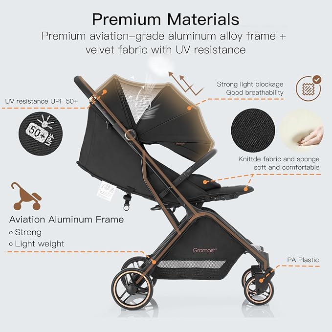 Gravity Folding Baby Stroller - Portable Travel Toddler Stroller w/Adjustable Backrest & Canopy, Lightweight and UV Protected, One-Hand Automatic Folding - Black