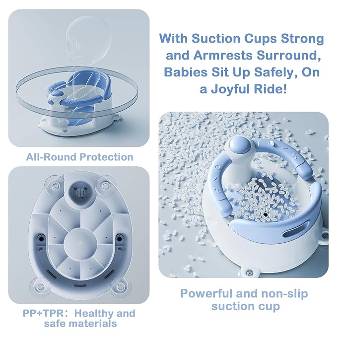 Baby Bath Seat for Babies 6 Months & up,3 Baby Bath Toys,Non-Slip Baby Bath Seat, Safe & Comfortable Baby Bath Support, Blue