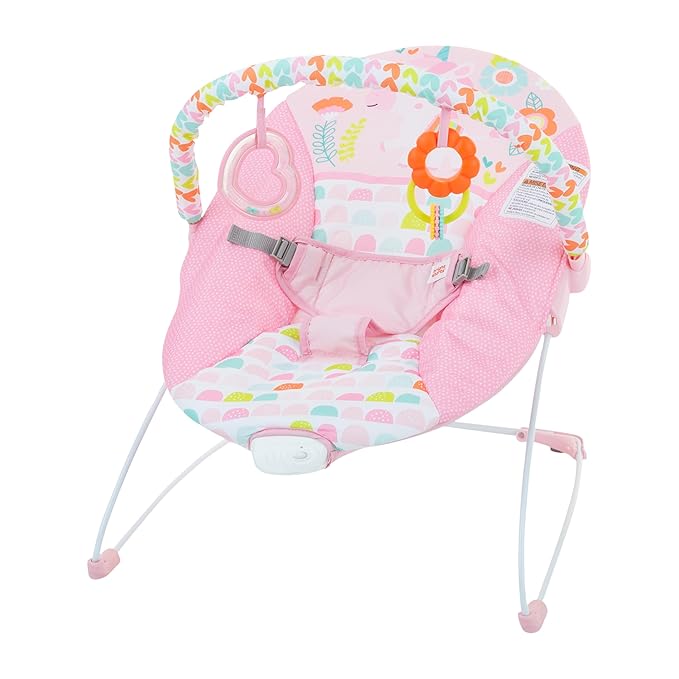Bright Starts Baby Bouncer Soothing Vibrations Infant Seat - Removable -Toy Bar, Nonslip Feet, 0-6 Months Up to 20 lbs (Fancy Fantasy, Pink Unicorn)