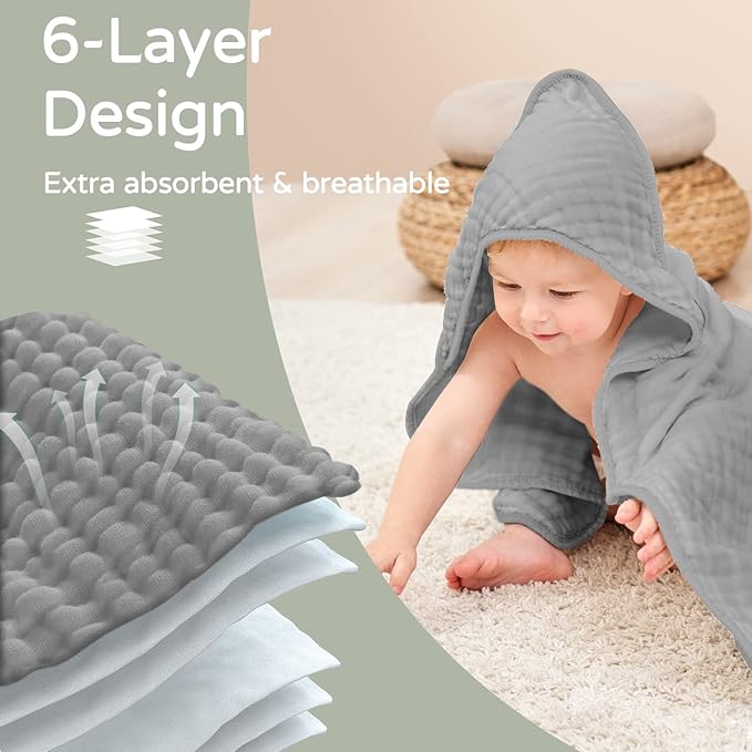 Yoofoss Hooded Baby Towels for Newborn 2 Pack 100% Muslin Organic Cotton Baby Bath Towel with Hood for Babies, Infant, Toddler and Kids, 32x32Inch, Soft and Absorbent Newborn Essential,Grey&Dark Green