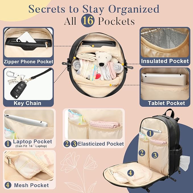 miss fong Diaper Bag Backpack Leather Diaper Bag, Baby Diaper Bag for Baby, 16 Pockets with Hand Sanitizer Holder, Changing Pad, 2 Insulated Pockets(Black)