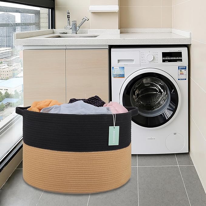 Extra Large Blanket Basket 87L, Laundry Hamper, Baby Nursery Hamper for Storage Toys Clothes Towels, Large Cotton Rope Laundry Basket for Girls Boys, 22”x 14”, Black & Jute