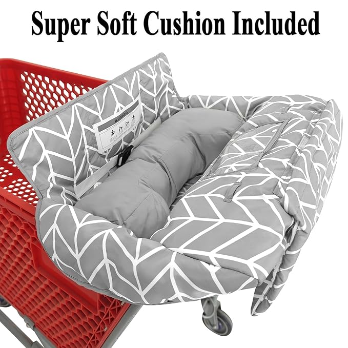 Soft Pillow Attached 2-in-1 Shopping Cart and High Chair Cover for Baby, Cotton Padded Cart Cover, Fold'n Roll Style, Portable with Carry Bag (Gray Arrow)