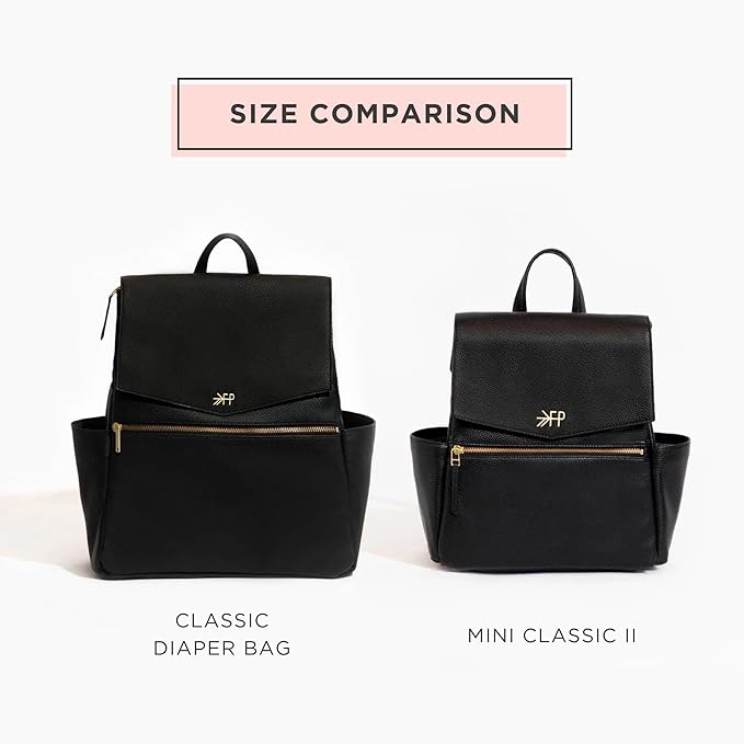 Freshly Picked Mini Classic Diaper Bag Backpack, Wipeable Vegan Leather Black, 8 Pockets Total (Ebony)