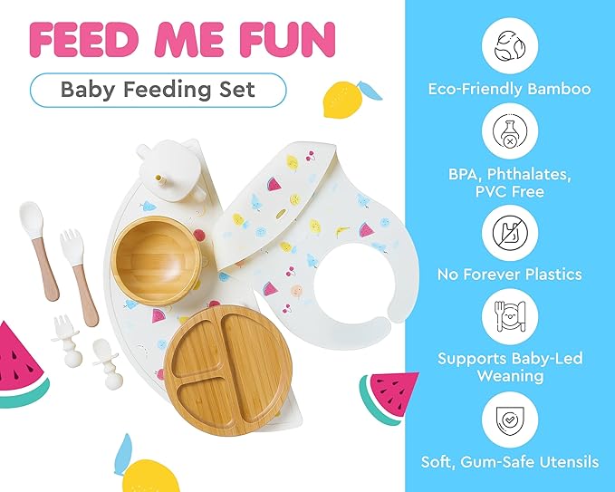 Bamboo Baby Feeding Set for Infants & Toddlers - Baby Essentials, Non-Toxic, Sustainable, Bamboo Suction Plate & Bowl, Bib, Sippy Cup w/Lid & Straw, Daily Use, Travel, Baby Shower Gifts (Vanilla)
