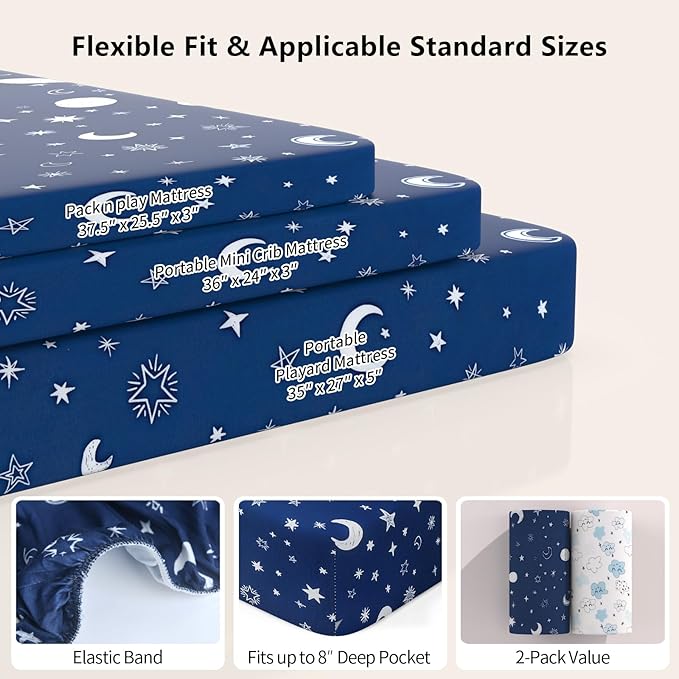 Pack N Play Sheets Fitted, 2-Pack Fit for Standard Pack N Play Mattress, Mini Crib Sheets,Breathable Soft Unisex Playard Sheets (Starry Sky & Clouds)