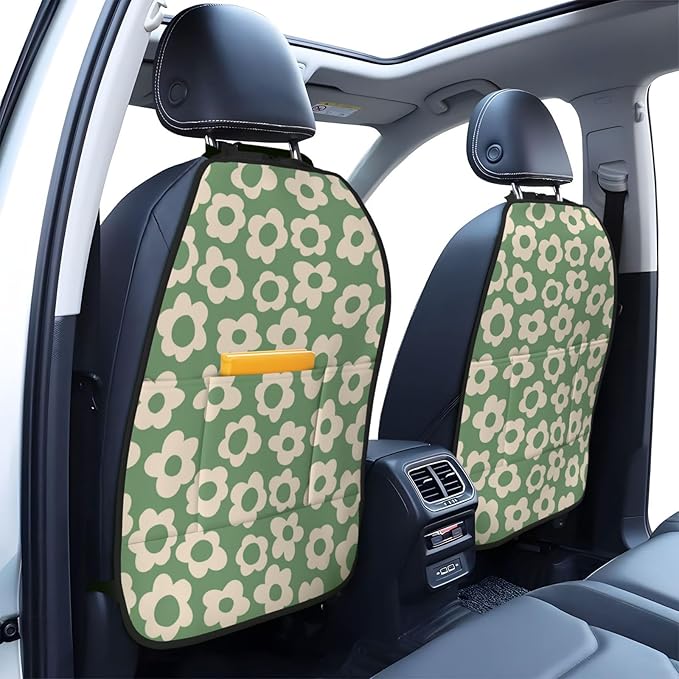 Vintage Groovy Flowers Car Kick Mats Back Seat Protector 2 Pack Auto Seat Back Covers with 3 Organizer Travel Accessories Universal Vehicle Interior from Dirt, Mud