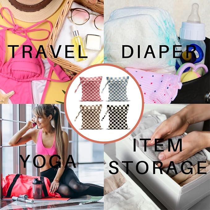 4 Pack Cute Wet Bag Waterproof Washable Reusable Wet Dry Bag for Swimsuit Dirty Clothes Cloth Diaper Travel Pool Yoga Gym Party Camping Toiletries Travel Beach Essentials, Colorful Checkered