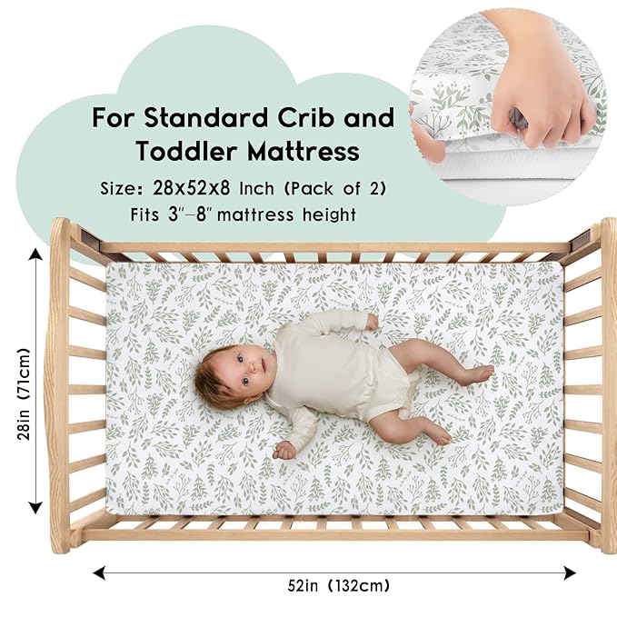 Yoofoss Baby Crib Sheets for Boys Girls, Fitted Crib Sheet 2 Pack for Standard Crib and Toddler Mattress, Super Soft Microfiber Baby Sheet 28x52x8in(Green+Leaf)
