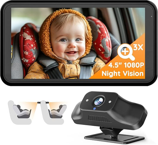 BC1 Baby Car Camera, 4.5" 1080P HD Screen & 3X Zoom, IR Night Vision Car Baby Monitor with Adjustable Brightness, Easy Install Car Seat Camera for Babies & Pets to Drive Safely