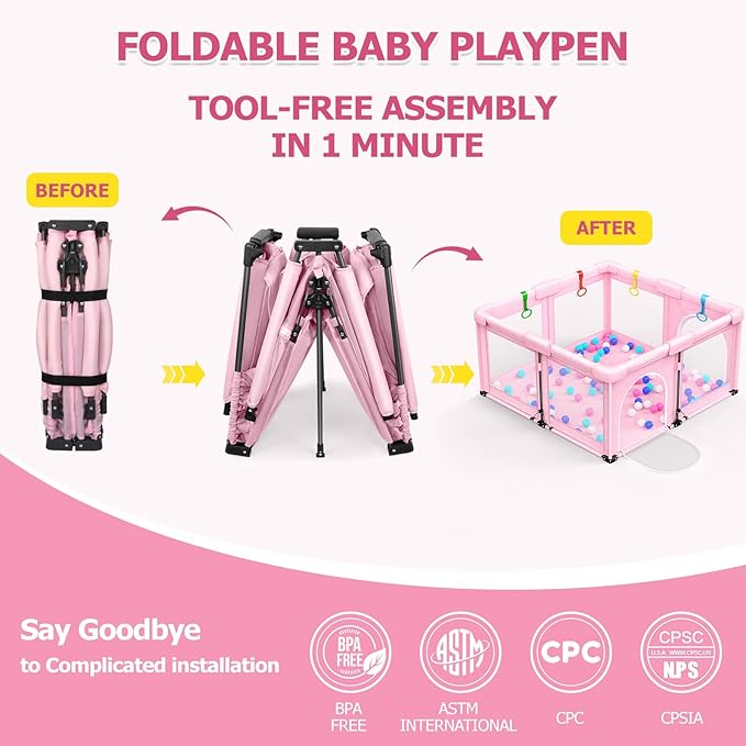OCATO Baby Playpen: Foldable Playpen for Babies and Toddlers Large Play Pen Portable Playpen Fence Indoor Outdoor Kids Safety Area Travel Play Yard with 4 Handlers 50 Balls Baby Girl Gifts (50" × 50")