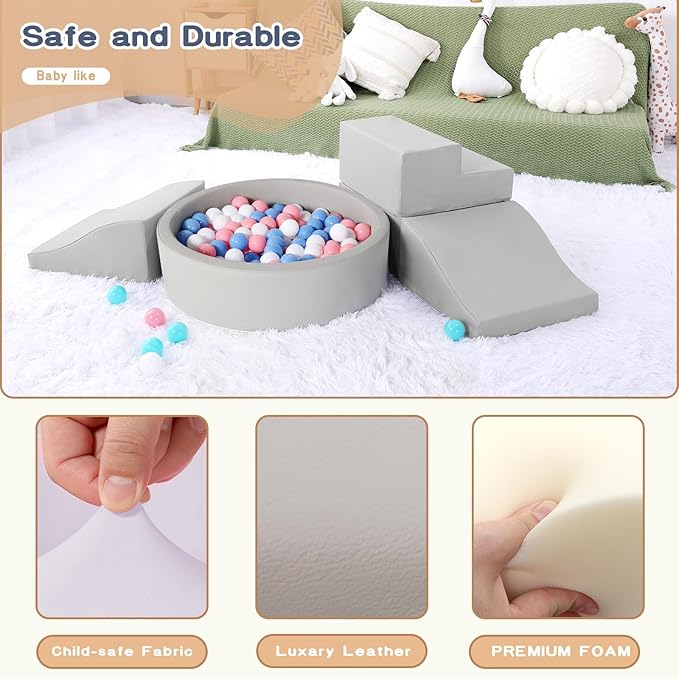 Foam Climbing Blocks for Toddler: with 4-Piece PU Leather Climbing Toys and a Ball Pit - Foam Ball Pit for Toddlers - Climbing Toys Indoor for Kids Crawling
