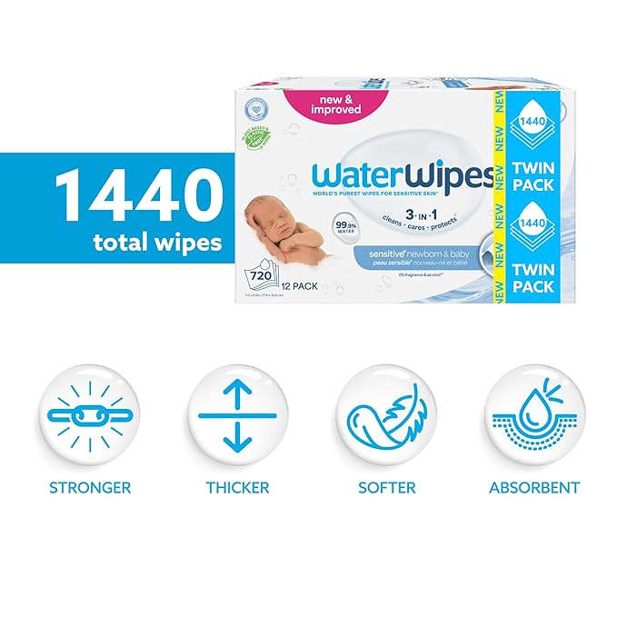 WaterWipes Sensitive+ Newborn & Baby Wipes, 3-In-1 Cleans, Cares, Protects, 99.9% Water, Unscented & Hypoallergenic, 720 Count (24 Packs)