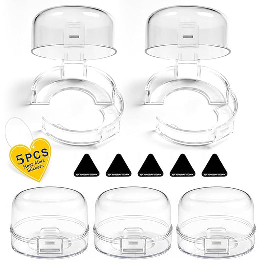 Stove Knob Safety Covers, 5Pcs Universal Size with 5 Heat Alert Stickers Oven Knob Covers for Child Safety, 2nd Gen Kitchen Burner Childproofing, Gas Stove Knob Locks for Kid Baby Pet (Clear)