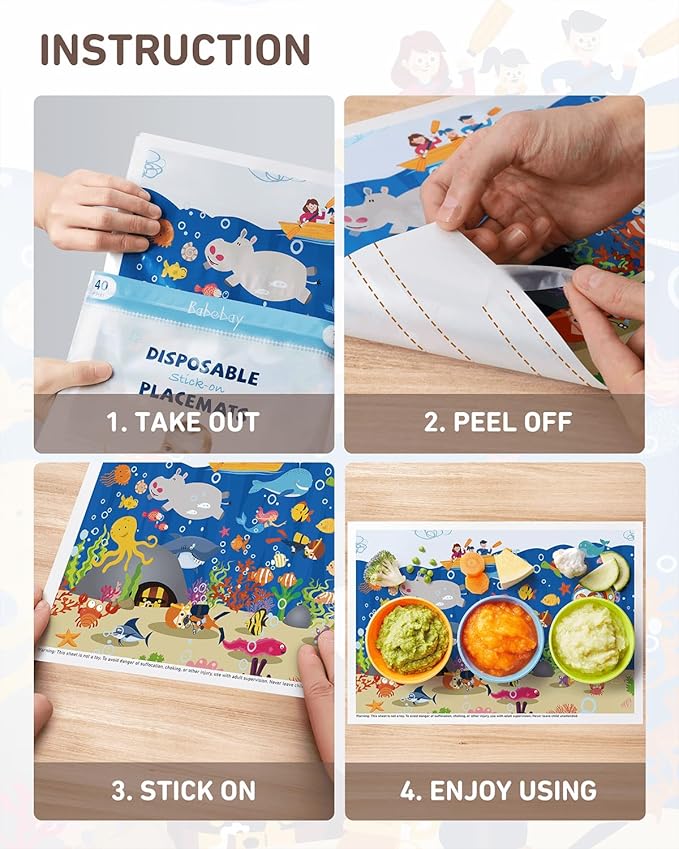 Babebay Disposable Stick-on Placemats 40 Pack for Baby & Kids & Toddler, Sticky Placemats Restaurant Table Mats 12" x 18" (Seabed Scuba)
