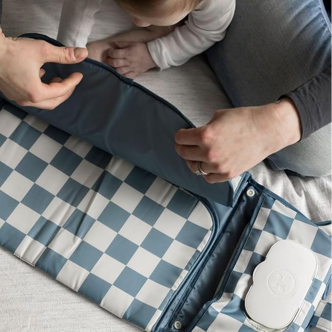 Tiny Twinkle Portable Diaper Changing Pad – Foldable, Waterproof & Compact Travel Changing Mat with Storage | Smart Wipes Pocket for On-The-Go Parents(Blue Checkers)