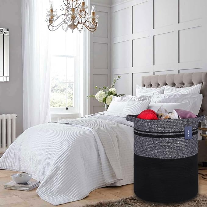COMSE Extra Large Blanket Basket, Tall Laundry Basket, Nursery Hamper, 15.7”x 21.7”, Cotton Rope Woven Laundry Hamper for Storage Toys Clothes Towels, Black