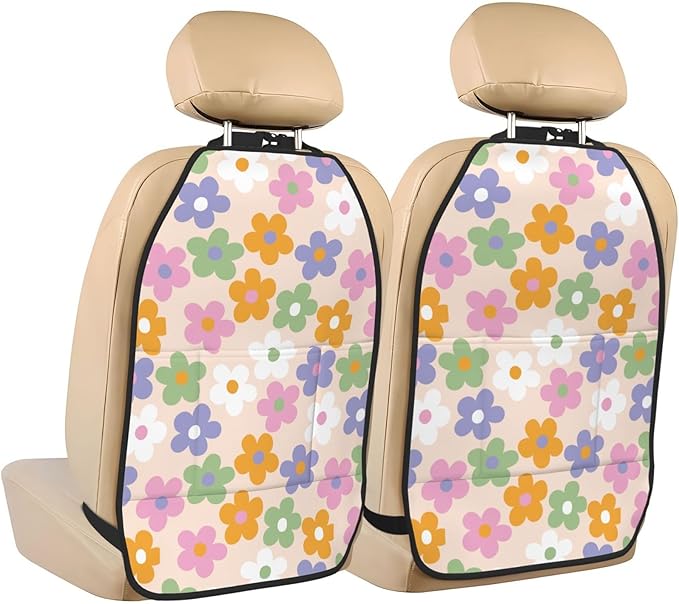 Cute Flowers Floral Car Seat Back Kick Protectors,2 Pack Kick Mats with Storage Pockets for Vehicles to Protect from Dirt, Mud & Scratches