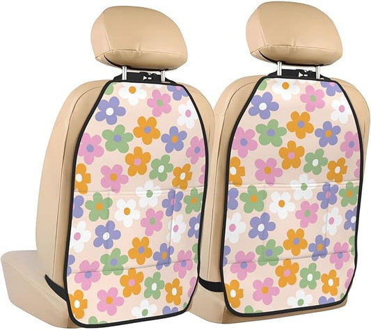 Cute Flowers Floral Car Seat Back Kick Protectors,2 Pack Kick Mats with Storage Pockets for Vehicles to Protect from Dirt, Mud & Scratches