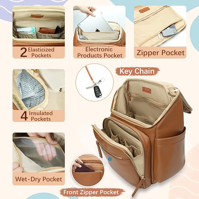 Diaper Bag Backpack Large Baby Diaper Bag Leather with 17 Diaper Bag Organizing Pouches,Changing Pad,Stroller Straps,4 Insulated Pockets,Brown