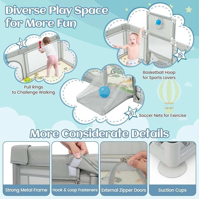 INFANS Baby Playpen, 74” x 62” Extra Large Play Yard for Babies and Toddlers with Crawling Mat Ocean Balls Basketball Hoop 2 Football Gates Indoor Outdoor Activity Center (Light Gray)