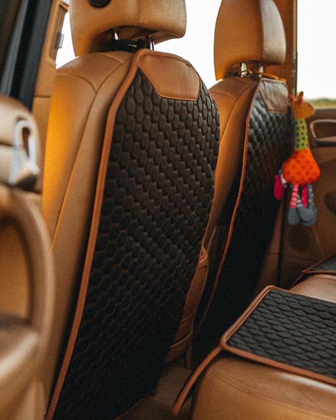 Owleys Premium Leather Car Seat Protector for Back Seat - Back Seat Cover for Kids - Car Kick Mat Back of Seat Protector for Kids Feet Car Seat Back Protector - 2 Pcs Hexy
