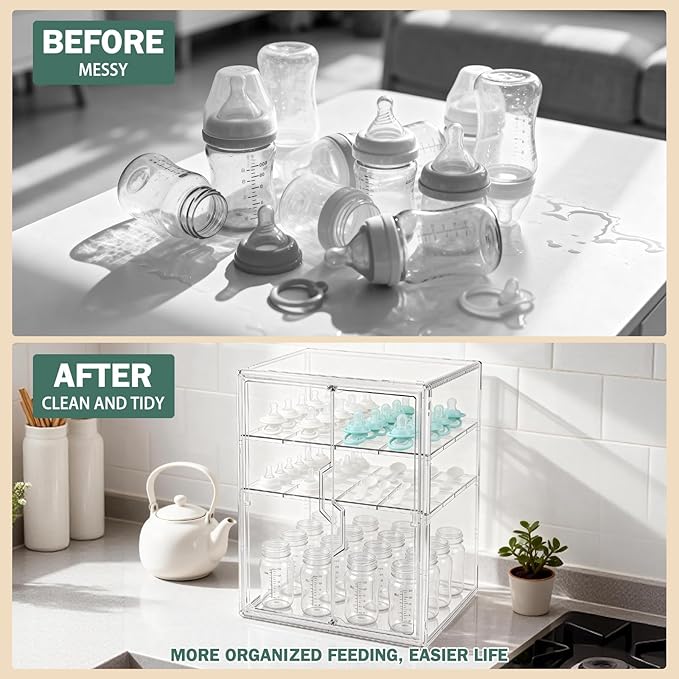 Baby Bottle Organizer, 3-Tier Bottle Storage for Countertop with Double Magnetic Doors, Clear Plastic Bottle Station Organizer with 2 Adjustable Dividers for Kitchen, Bathroom, Cabinet, Vanity