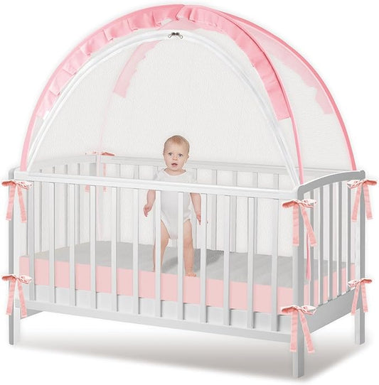 Crib Tent - Crib Net to Keep Baby in - Stop Baby from Climbing Out of Crib, Pop Up Crib Tent with Durable Breathable Net Double Zipper Strong Rods Installation (Pink, Large)